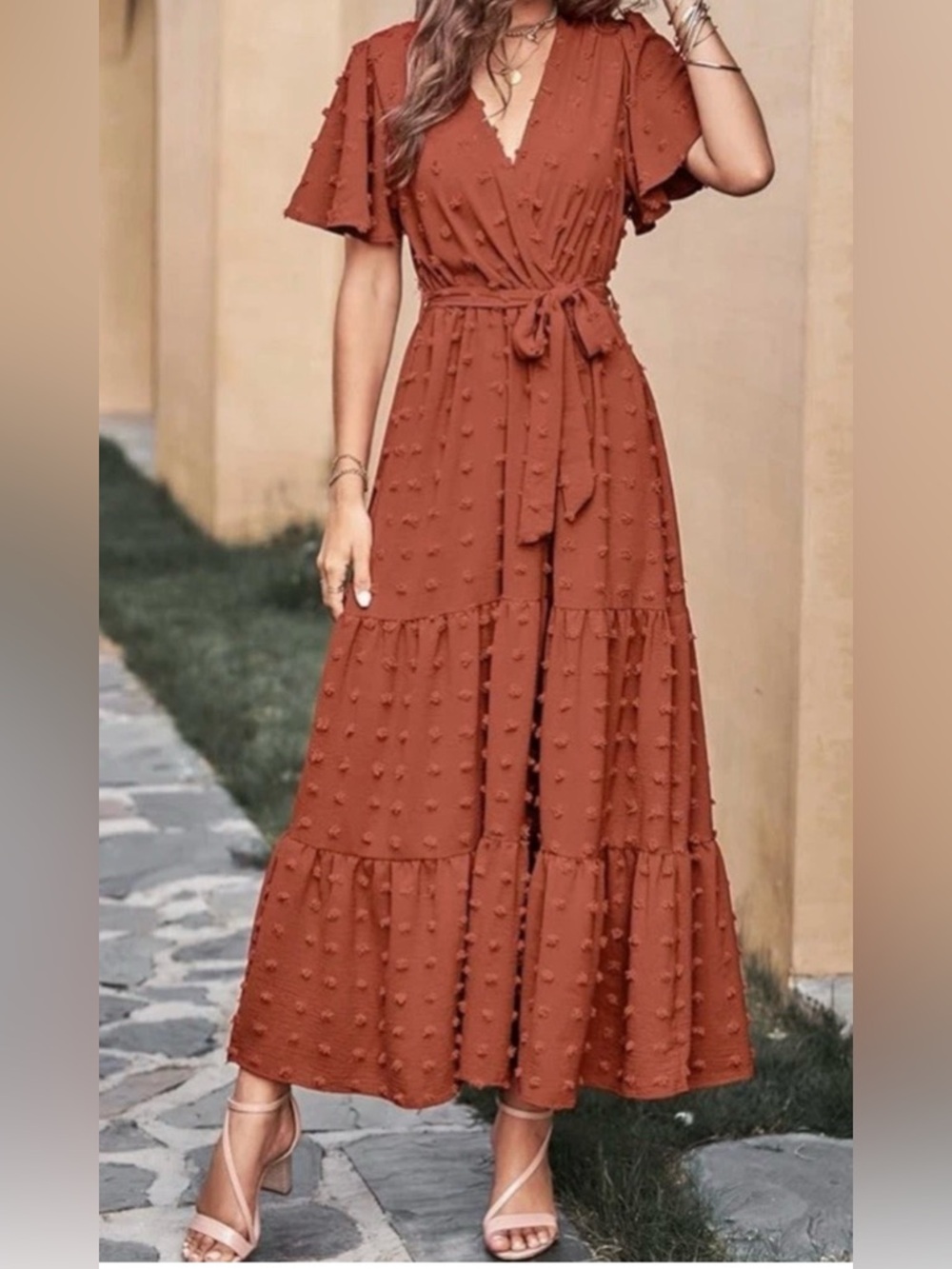 Rusty-Orange Maxi Dress with Self-Tie Waist
